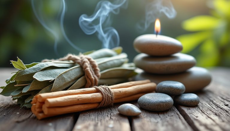 scopri il rituale semplice di purificazione con salvia e palo santo, arricchito dall'uso delle pietre per un'energia positiva e pulita.